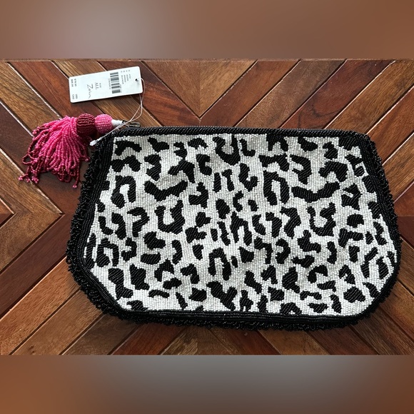 Anthropologie Black & White Beaded Leopard Clutch with Pink Tassel - Picture 5 of 13